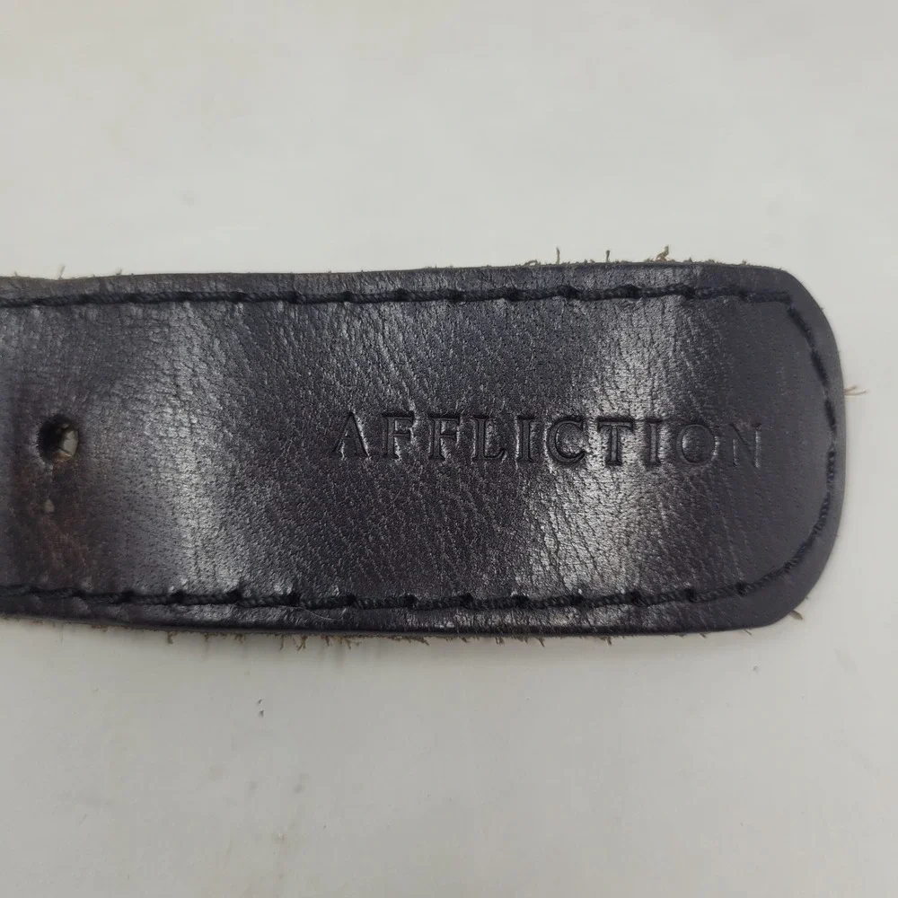 Affliction Belt XL Black Leather Studded Fleur De Lis Moto Rocker Biker Grunge